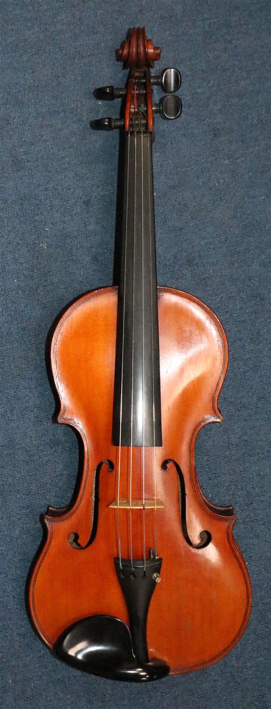 An early 20th century violin, with handwritten label stating made by J.K. Monk, Lewisham,